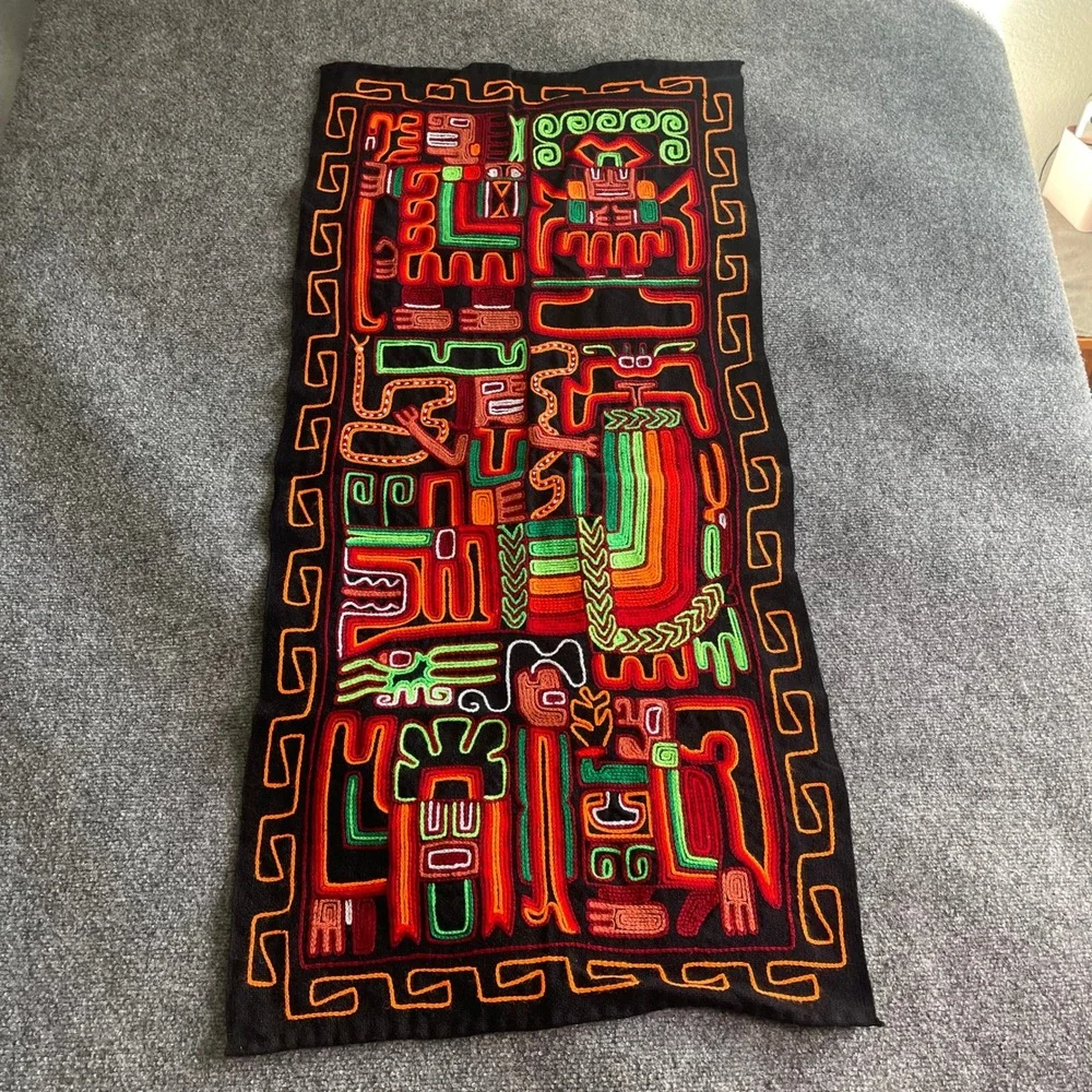 Peruvian Hand Embroidered Mola Textile Art Wall Hanging Incan Mythical Figures